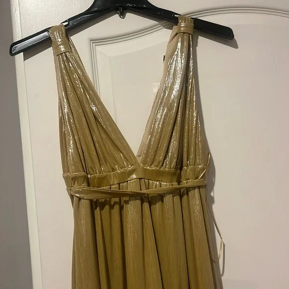 slim fit dress slacks Gold Ruched Metallic Maxi Dress main image 0
